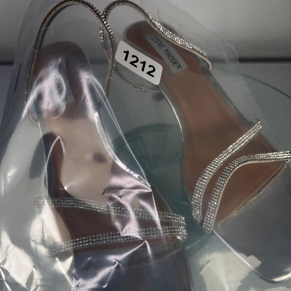 Steve Madden Loft Heel Sandals Silver Faux Rhinestone Ankle Strap - Picture 8 of 8